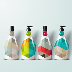 Mockup template for branding and product designs. Isolated realistic plastic bottles with dispenser spray and unique geometric design. Easy to use for advertising branding and marketing.