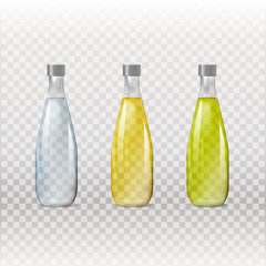Mockup template for branding and product designs. Isolated realistic glass transparent bottles with unique design. Easy to use for advertising branding and marketing.