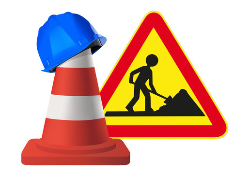 chantier - panneau de chantier - casque de chantier - c&ocirc;ne - signalisation - BTP