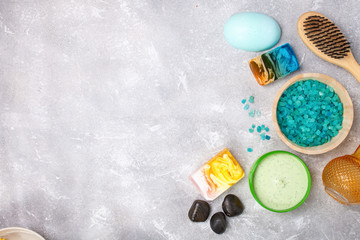 Accessories for Spa - salt, a srub, soap. Selective focus. Top view. Copy space