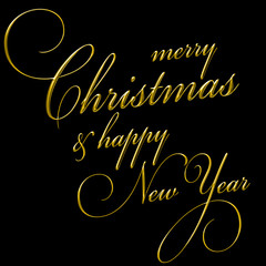 Golden text on black background. Merry Christmas and Happy New Year lettering for invitation and greeting card, prints and posters. Hand drawn inscription, calligraphic design.
