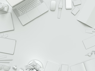 Computer, laptop, digital tablet, mobile phone, virtual headset and newspaper on white background. IT concept.