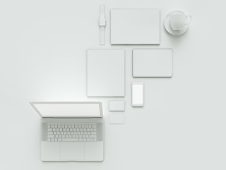 Computer, laptop, digital tablet, mobile phone, virtual headset and newspaper on white background. IT concepts .