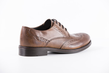 Male Brown Shoe on White Background, Isolated Product, Top View, Studio.