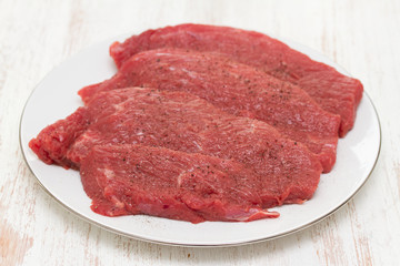 raw meat on white plate on wooden background