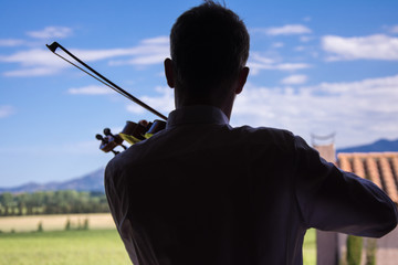 A backlit violinist playing in front of a sunny landscape