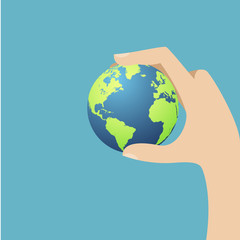 Globe icon with hand, vector illustration. Flat design style.