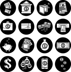 Set of money and business icons with outline on blue circles