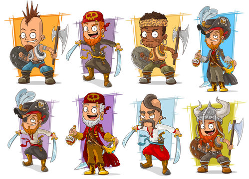 Cartoon warrior with sword and axe character set
