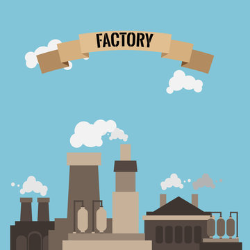 Illustration of a brown colored factory on bright blue background with a ribbon and inscription