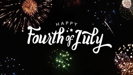 Happy Fourth of July Typography with Fireworks in Night Sky
