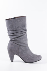 Female Grey Boot on White Background, Isolated Product, Top View, Studio.