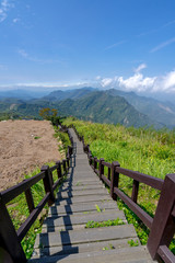 Fototapeta na wymiar Stairs going down from the topview on the mountain in Taiwan, Eryanping trail.