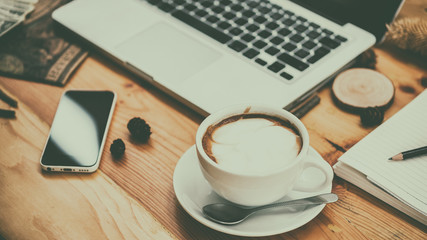 Looking for direction and inspiration, Business working at an office, Office desk table with computer, supplies, Top view. Copy space for text, love job vintage