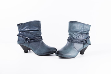 Female Blue Boot on White Background, Isolated Product, Top View, Studio.