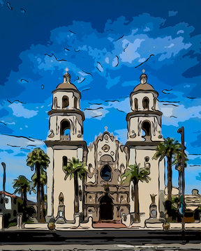 Vector illustration of a church with palm trees