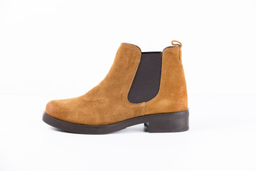 Female Brown Boot on White Background, Isolated Product, Top View, Studio.
