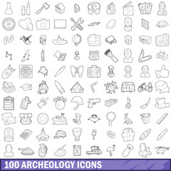 100 archeology icons set, outline style