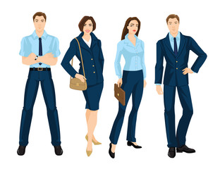 Vector illustration of business people isolated on white. Young woman in blue dress holding case in her hand. Business man in formal blue suit. 