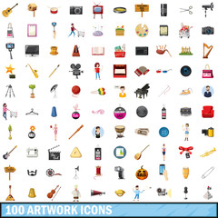 100 artwork icons set, cartoon style