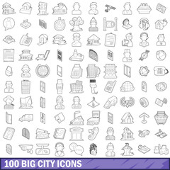 100 big city icons set, outline style