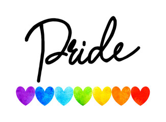 Gay love pride slogan with hand written lettering on a rainbow spectrum flag background. Poster, placard, t shirt print , watercolor design