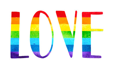 word Love hand lettering card or slogan for t-shirt written on a watercolor rainbow spectrum pride flag, isolated on white. homosexual right concept.Modern poster, cards design, textile or banner