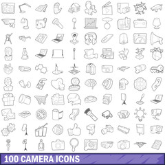 100 camera icons set, outline style