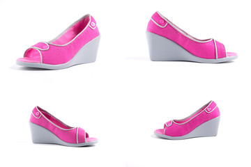 female Pink Shoes on White Background, Isolated Product, Top View, Studio.