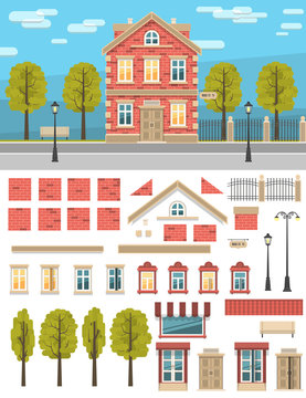 Set of parts for creating a vintage house. As well as some elements of the street - lights, fence, trees. City landscape.