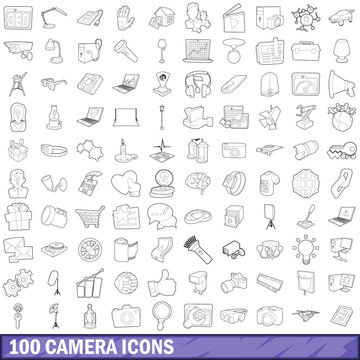 100 camera icons set, outline style