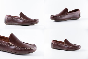 Male Brown Shoes on White Background, Isolated Product, Top View, Studio.