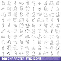 100 characteristic icons set, outline style