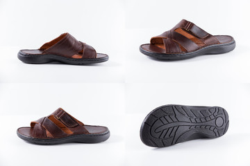 Male Brown Slippers on White Background, Isolated Product, Top View, Studio.