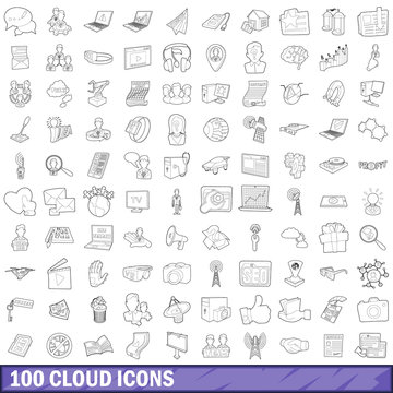 100 cloud icons set, outline style