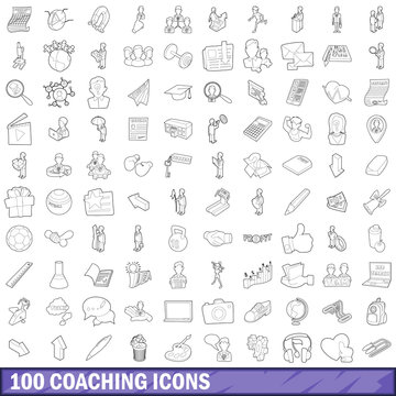 100 coaching icons set, outline style