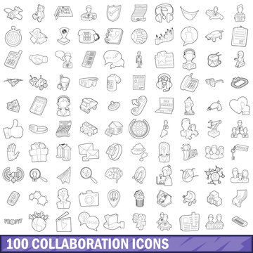 100 collaboration icons set, outline style