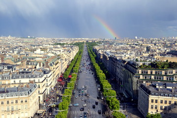 Obraz premium Incredible view from the top of The Arc de Triomphe in Paris. Rainbow upon The Avenue des Champs-Élysées.