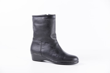 Female Black Boot on White Background, Isolated Product, Top View, Studio.