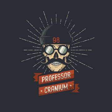 Stylish skull wearing hat, glasses, and mustache with ribbon and professor cranium words. Retro hipster emblem. Vector illustration.
Worn texture on a separate layer and can be easily disabled.