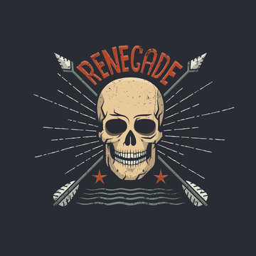 Skull hipster retro emblem with two arrows crossed and renegade word on top.  Vector illustration.
Worn texture on a separate layer and can be easily disabled.