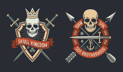 Fototapeta na wymiar Skulls on shield logos of skull kingdom and sail brotherhood with arrows and swords crossed. Vector illustration.