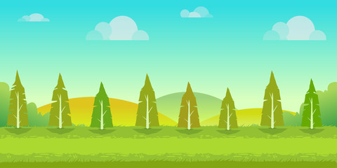 Seamless cartoon nature landscape, unending background with trees, hills and cloudy sky layers. Vector illustration for your design.