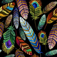 Color feathers embroidery seamless pattern. Beautiful bright tropical peacock feathers embroidery, hand drawn fashion template for clothes, textiles, t-shirt design