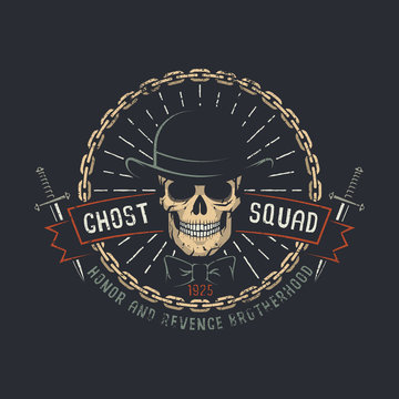 Ghost squad words with skull wearing hat and knives in chains. Vector illustration.
Worn texture on a separate layer and can be easily disabled.