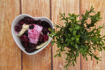 Ice cream scoops with blueberry,chery on wooden table.