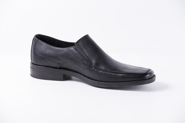 Male Black Shoe on White Background, Isolated Product, Top View, Studio.