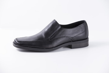 Male Black Shoe on White Background, Isolated Product, Top View, Studio.