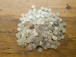 Pile of Swedish Krona (SEK) coins of Sweden. On wood table. Top view.