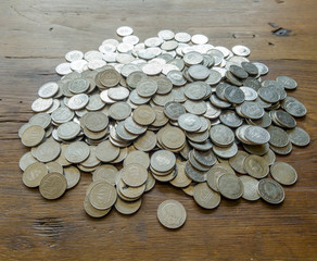 Pile of Swedish Krona (SEK) coins of Sweden. On wood table.